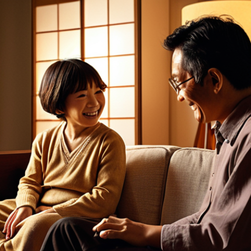 **A Heartwarming Family Jazz Night:** A cozy and inviting living room scene in a modern Japanese home. An adult child sits comfortably on a sofa with their parents, all deeply absorbed in listening to jazz music. Subtle smiles and relaxed expressions indicate a warm, intergenerational bond and unspoken understanding. A record player or elegant speakers are visible, emitting a soft, warm glow. The atmosphere is intimate and filled with the magic of shared musical experience, bridging generations through the timeless melodies of jazz.