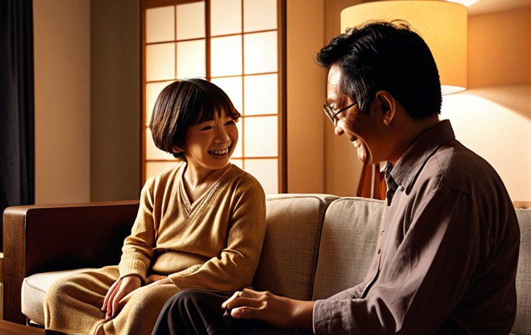 **A Heartwarming Family Jazz Night:** A cozy and inviting living room scene in a modern Japanese home. An adult child sits comfortably on a sofa with their parents, all deeply absorbed in listening to jazz music. Subtle smiles and relaxed expressions indicate a warm, intergenerational bond and unspoken understanding. A record player or elegant speakers are visible, emitting a soft, warm glow. The atmosphere is intimate and filled with the magic of shared musical experience, bridging generations through the timeless melodies of jazz.